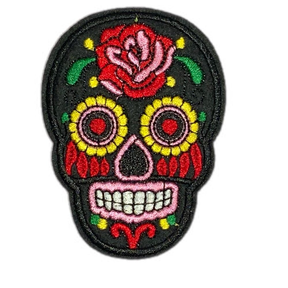 Black Sugar Skull Iron on Patch Embroidered Rose Floral Day of the Dead Small